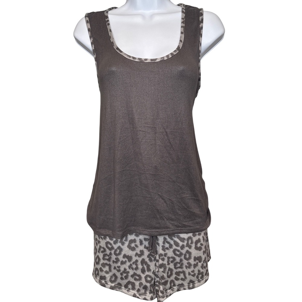 Lucky Brand Womens Gray Leopard Print‎ Pajama Set Tank Top Shorts Sz Large Cozy